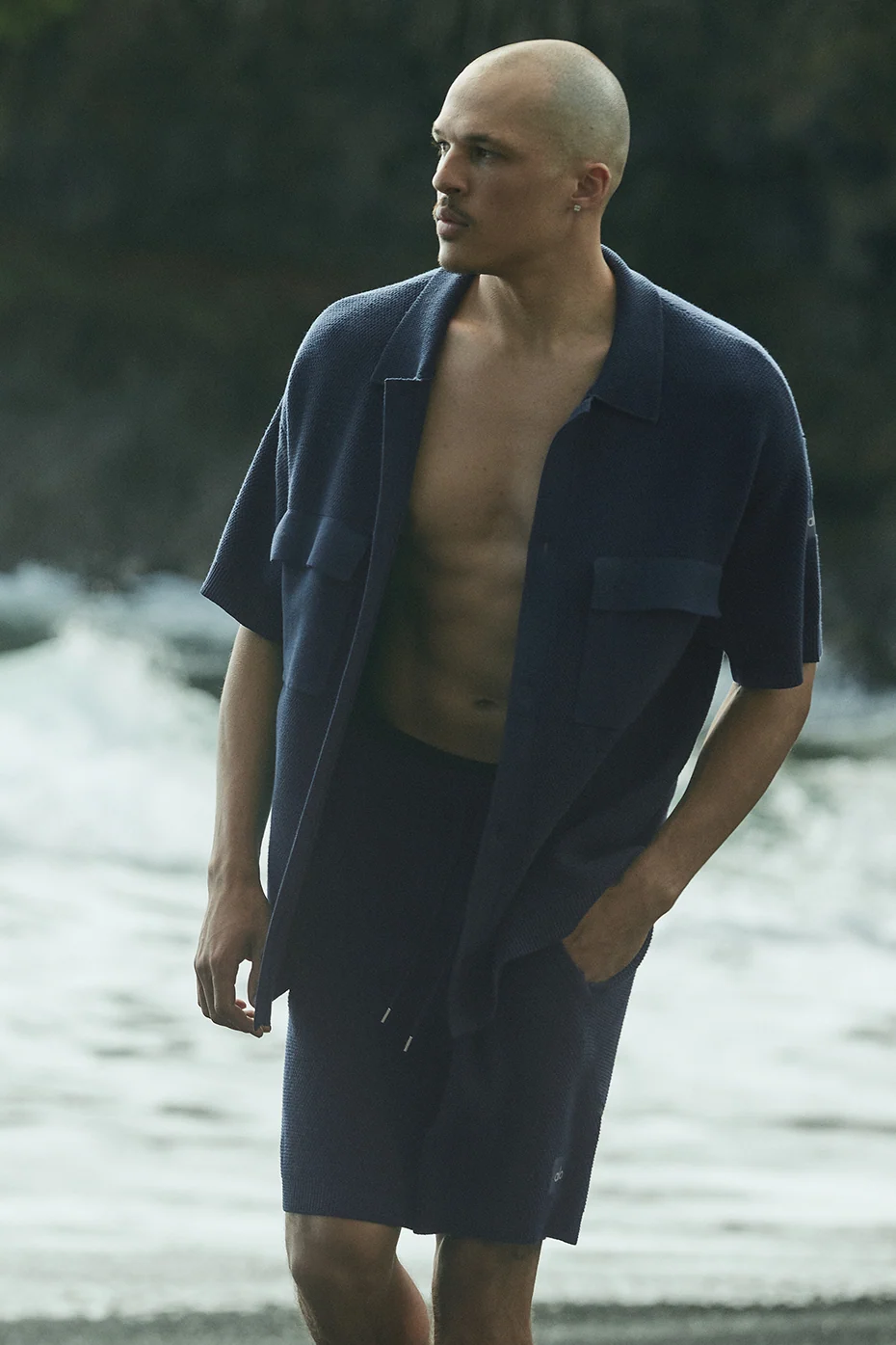 Sports Club Sweater Knit Short Sleeve Button Up in Navy