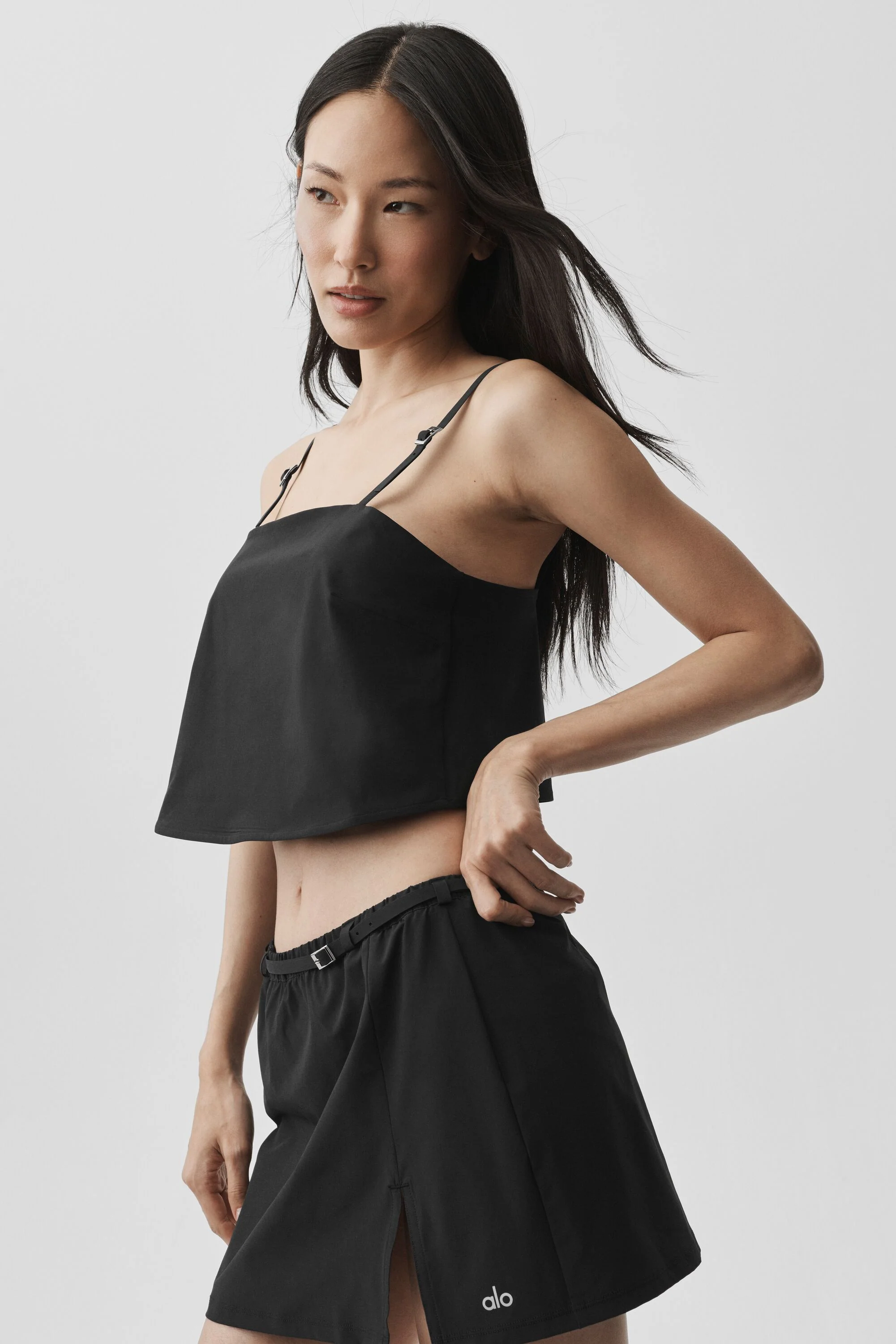 Cropped Connection Tank in Black with Buckle Straps and Unlined Fit