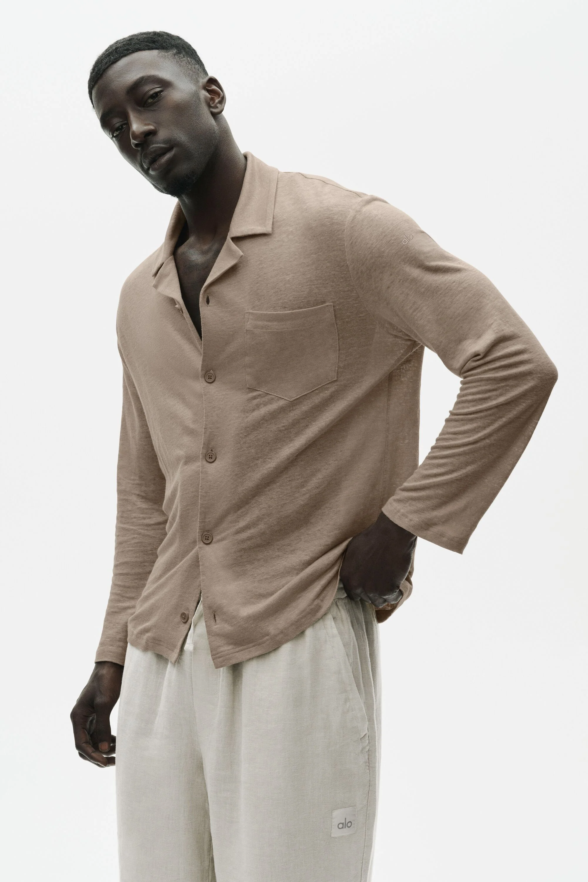 Linen Jersey Coastal Long Sleeve Button Up Gravel Men's Shirt