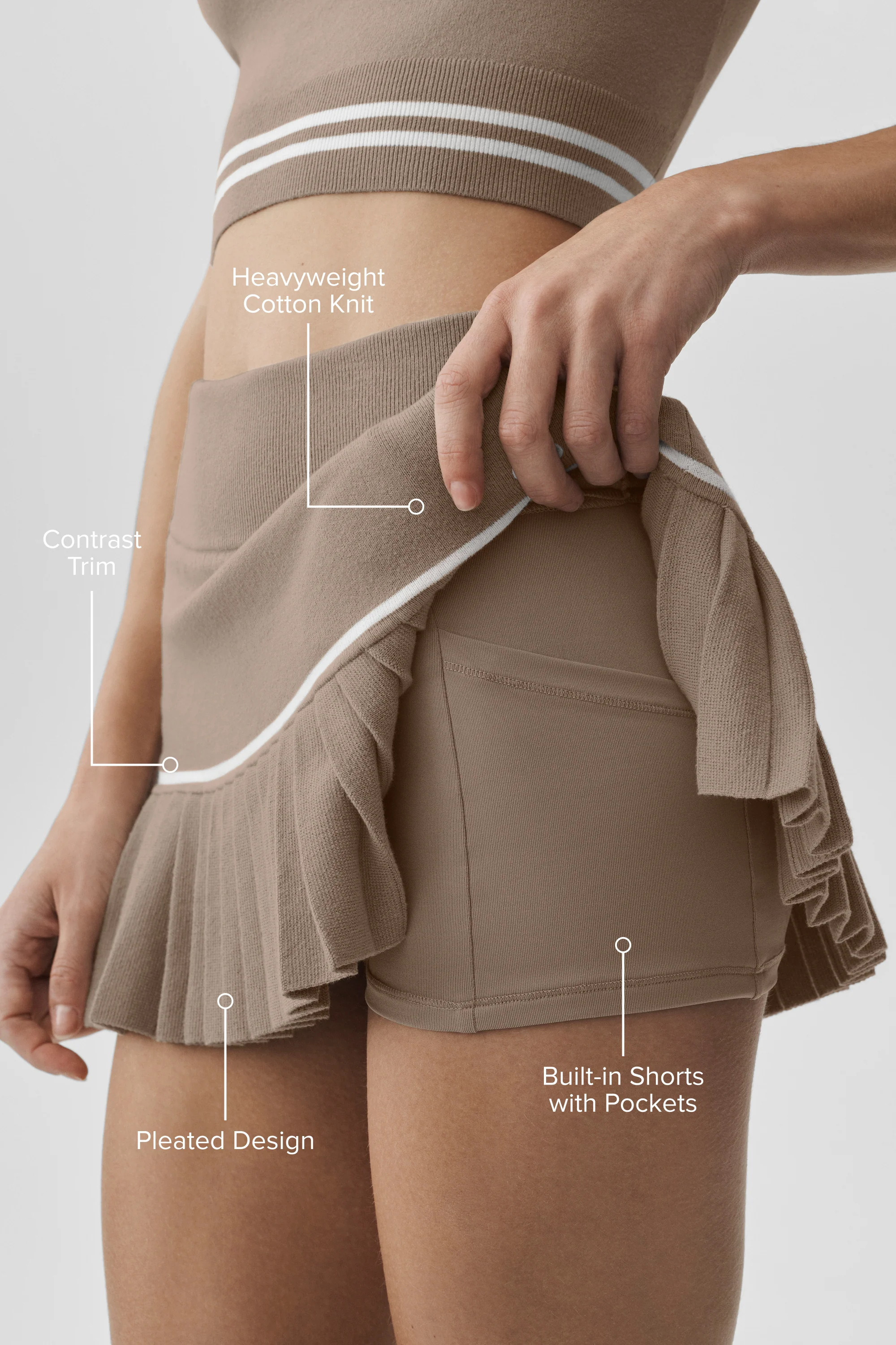 Scholar Knit High-Waist My Serve Tennis Skirt in Gravel and White