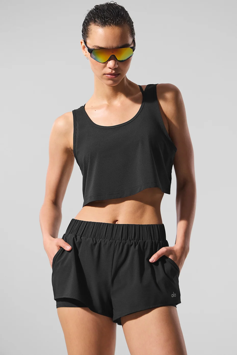 Cropped Sport Star Tank in Black Lightweight Perforated Fabric