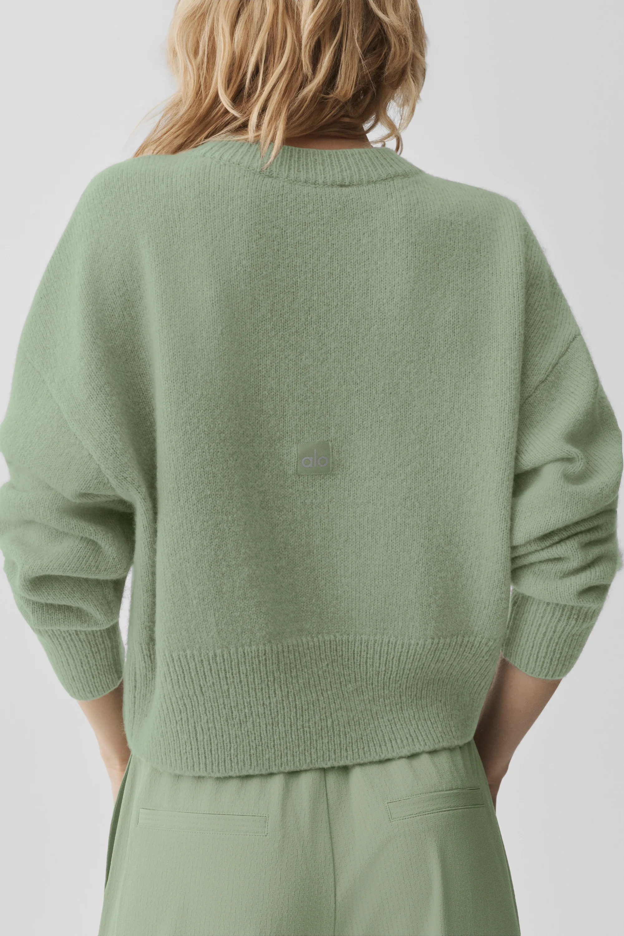 Wool Cashmere Cropped New Class Crewneck Sweater in Dune Grass