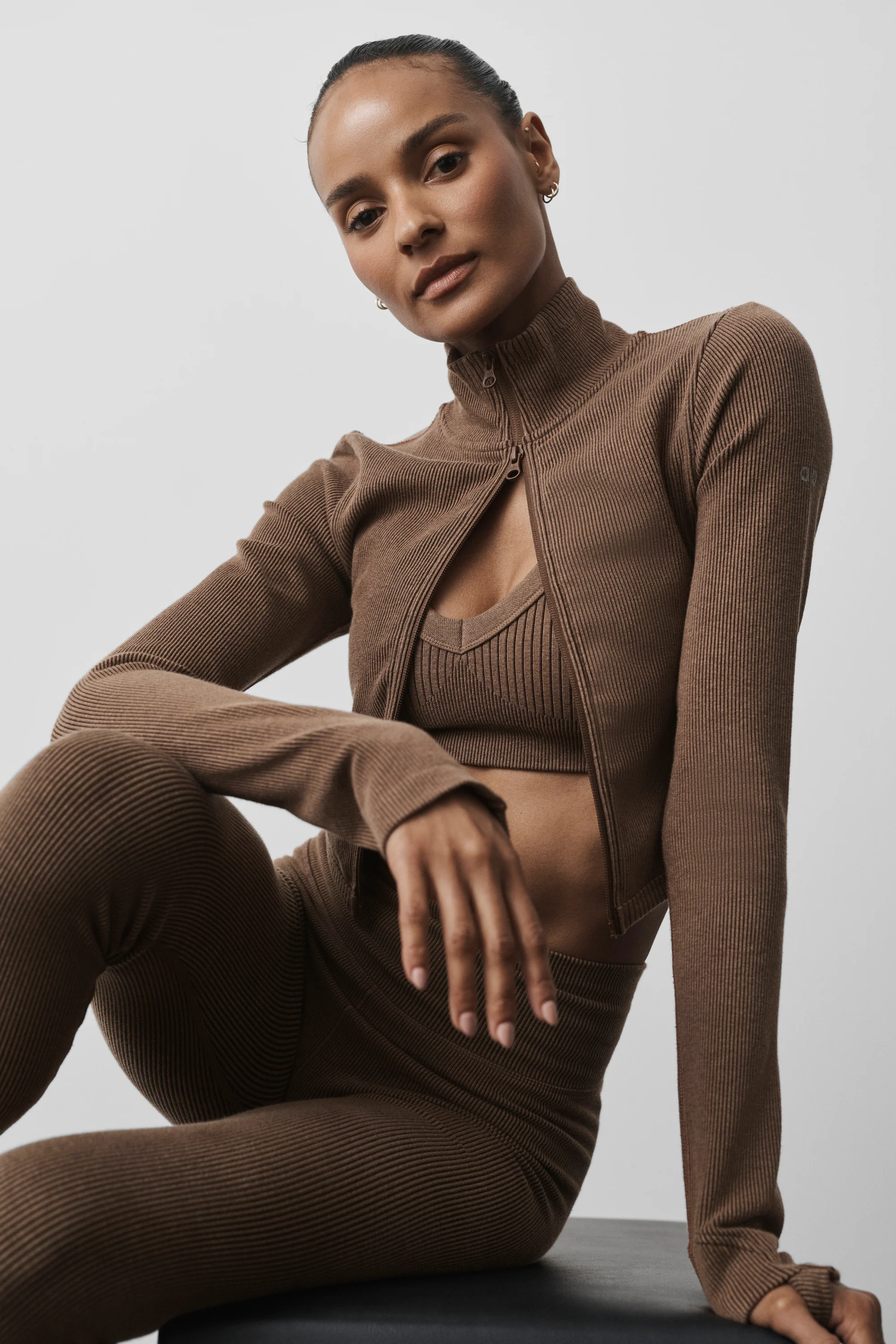 Naadloos two tone rib jasje in Java Brown voor dames
