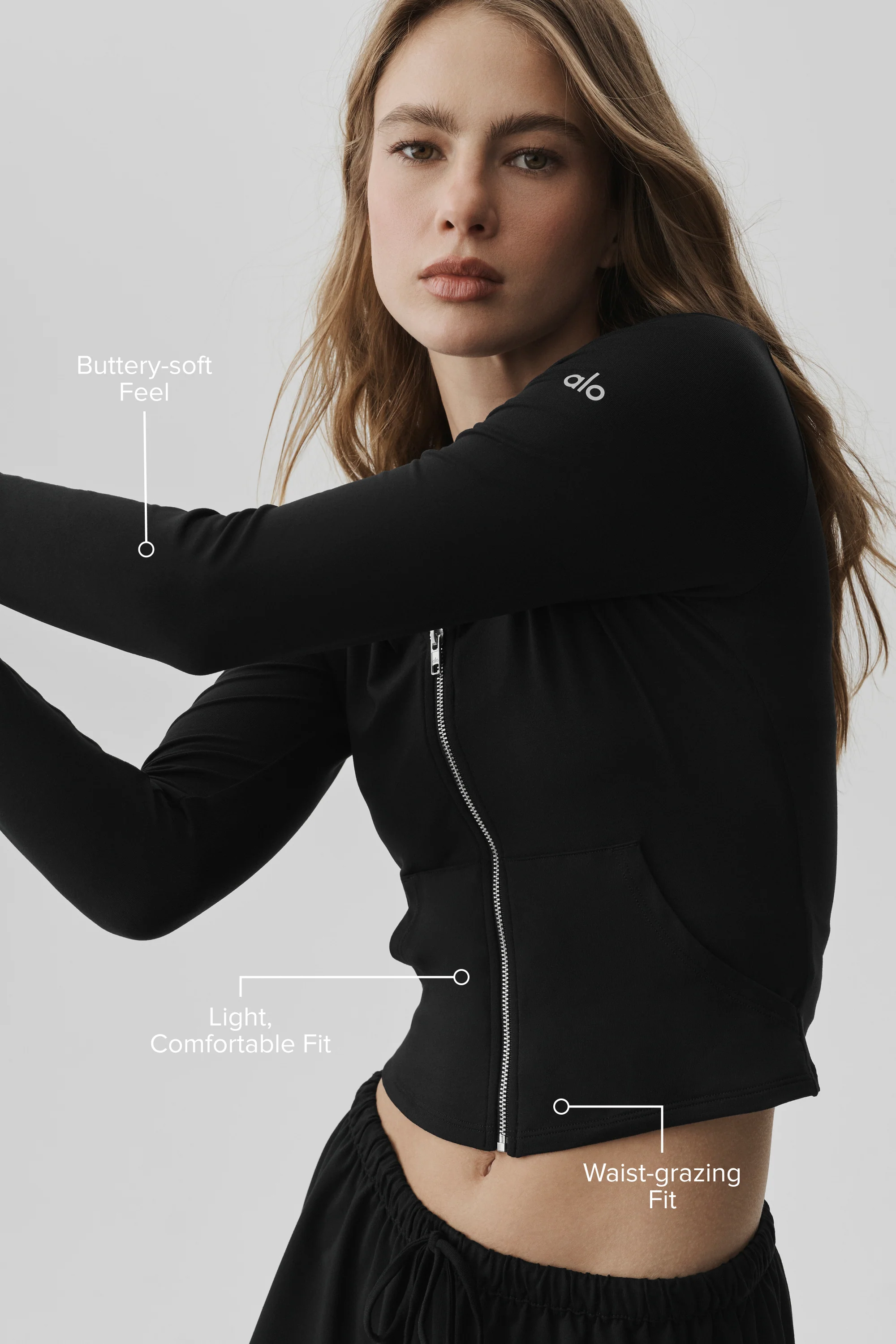 Alosoft Finesse Full Zip Fitted Hoodie in Black