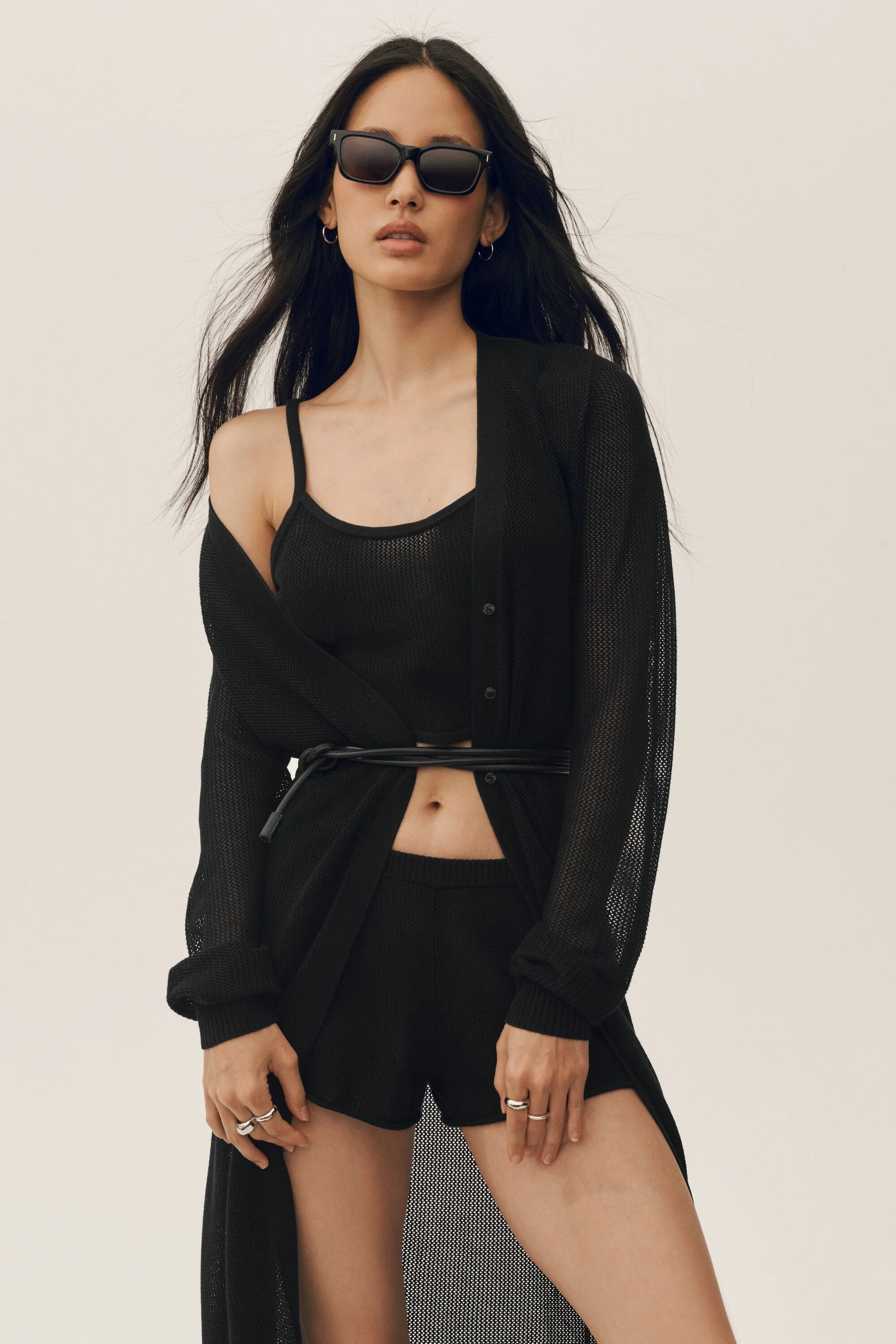 Seiden-Kaschmir-Cardigan Heatwave lang in Schwarz