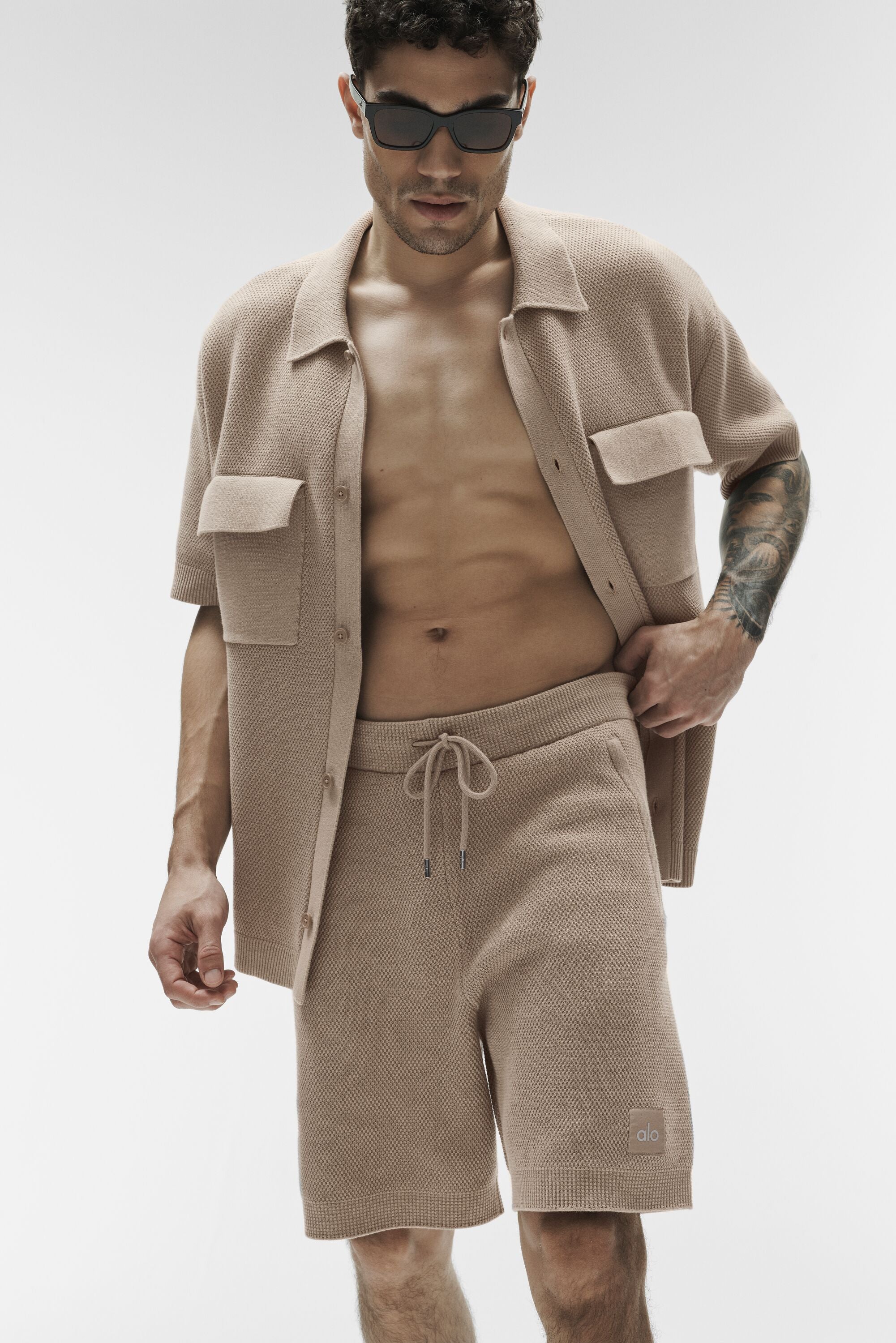 Chemise boutonnée à manches courtes en maille pull Sports Club coloris Gravel