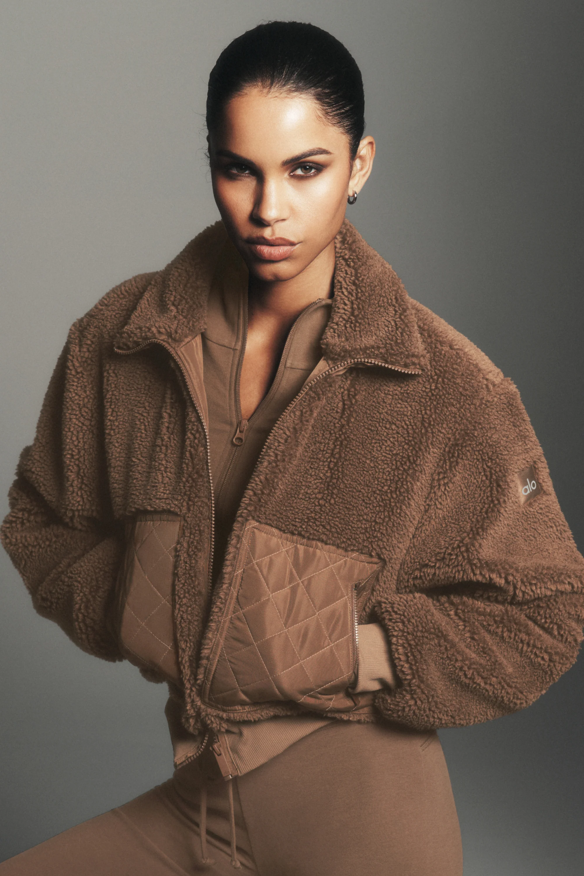 Sherpa Edge Bomber Jacket in Java Brown with Quilted Patches