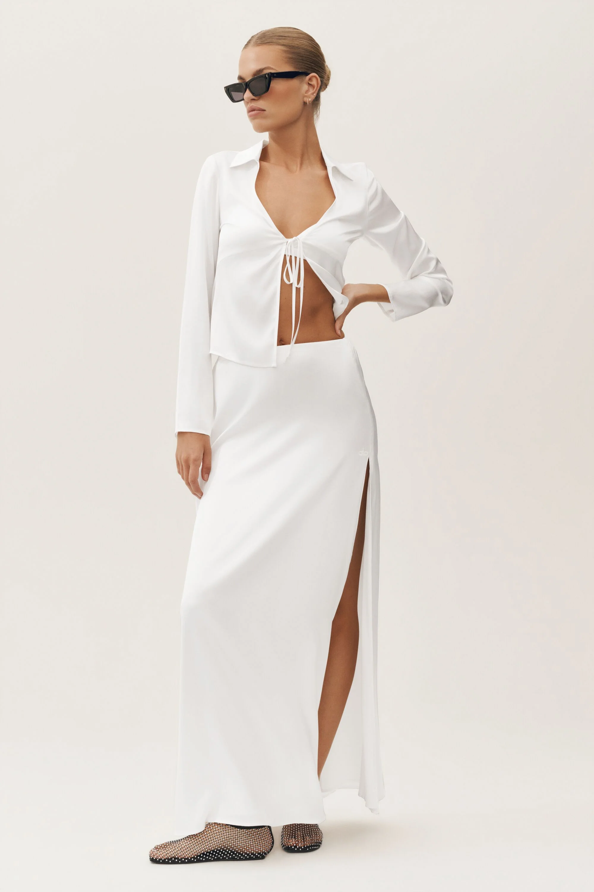 Silk Blend Radiance Long Sleeve Top in White