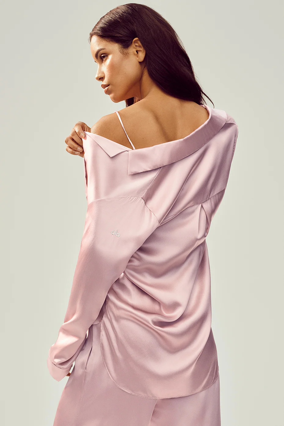 Silk Luminous Button Up in Pink Champagne with Relaxed Tailoring