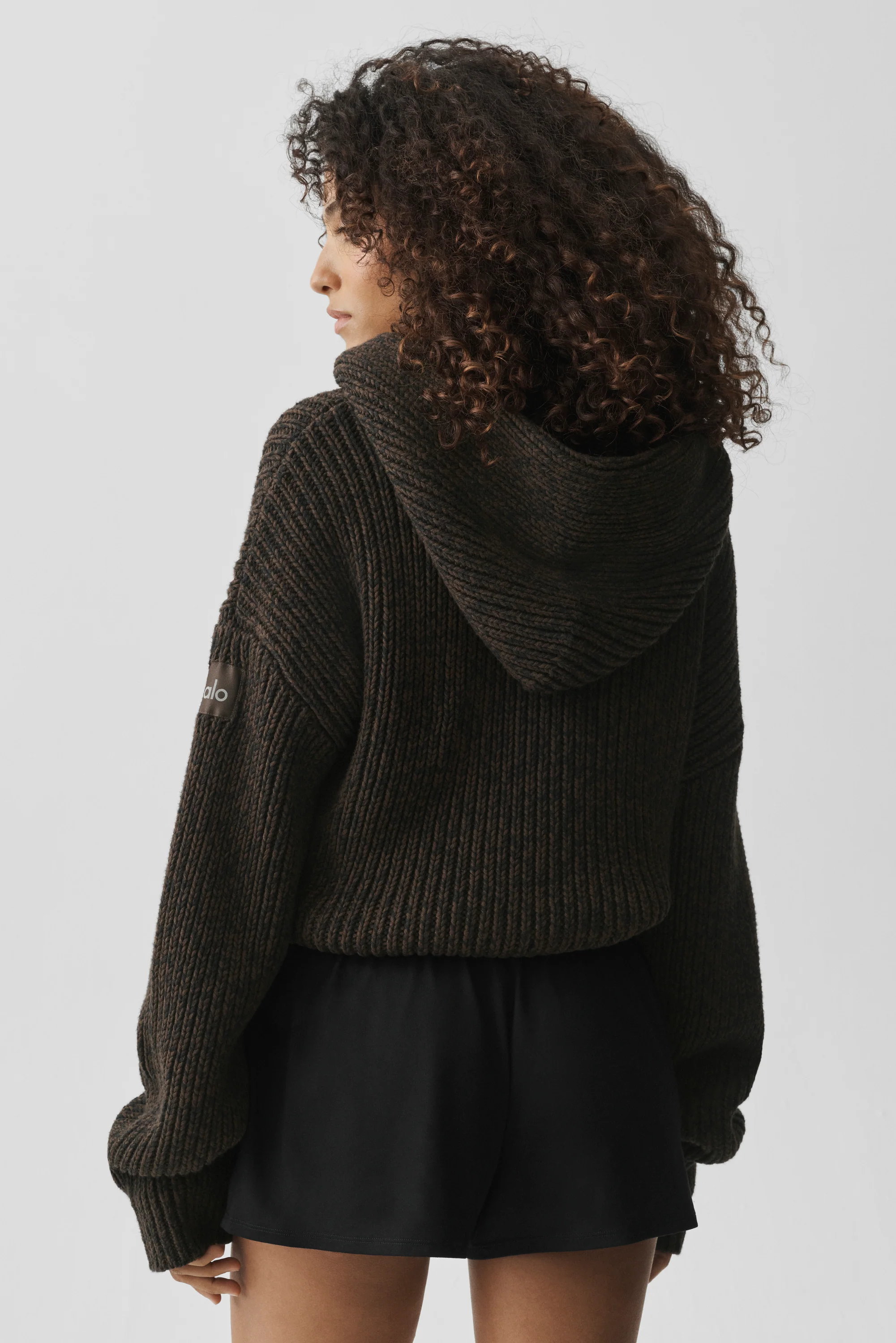 Felpa con cappuccio Rewind in maglia grossa Espresso Multi, morbido misto cotone