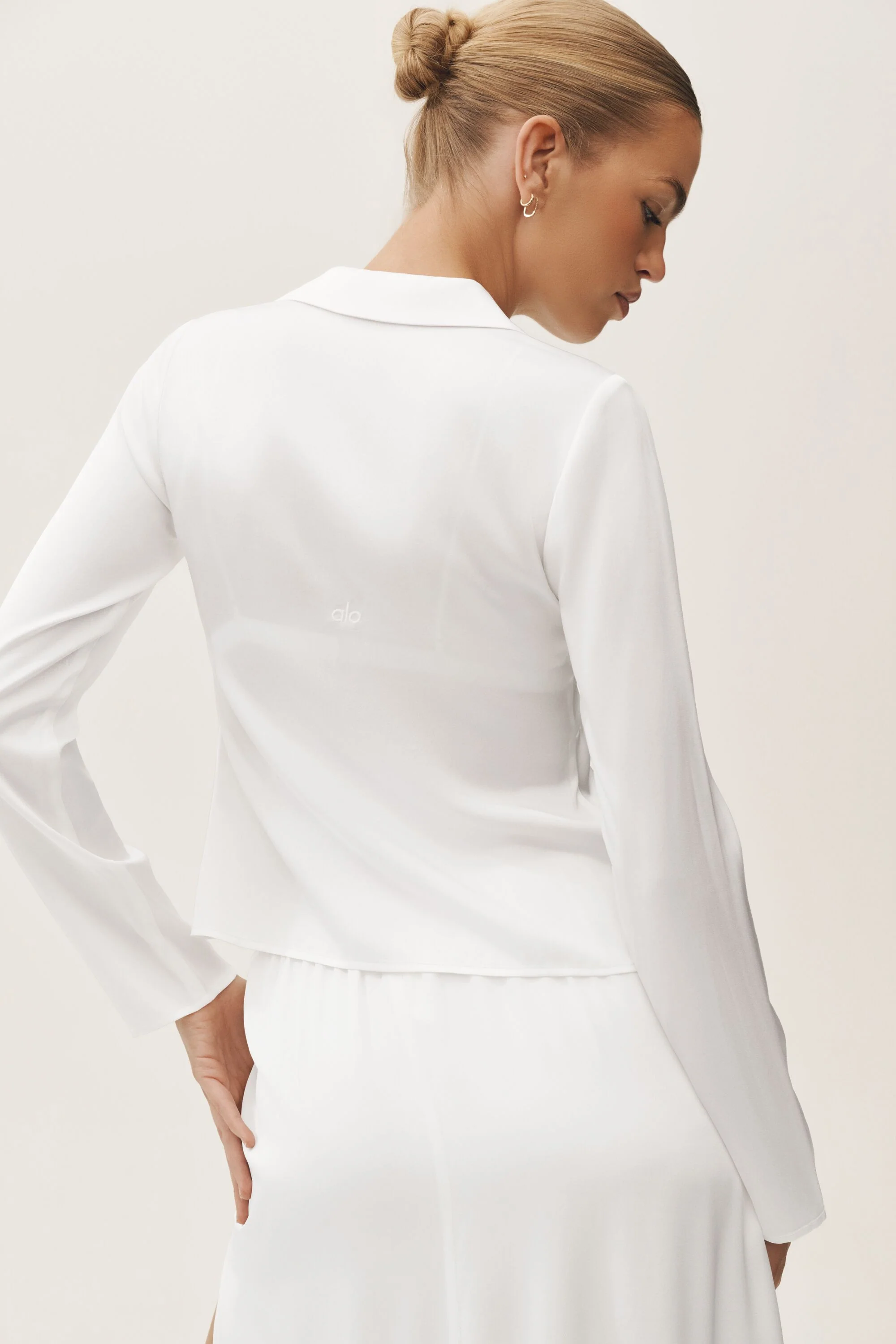 Silk Blend Radiance Long Sleeve Top in White