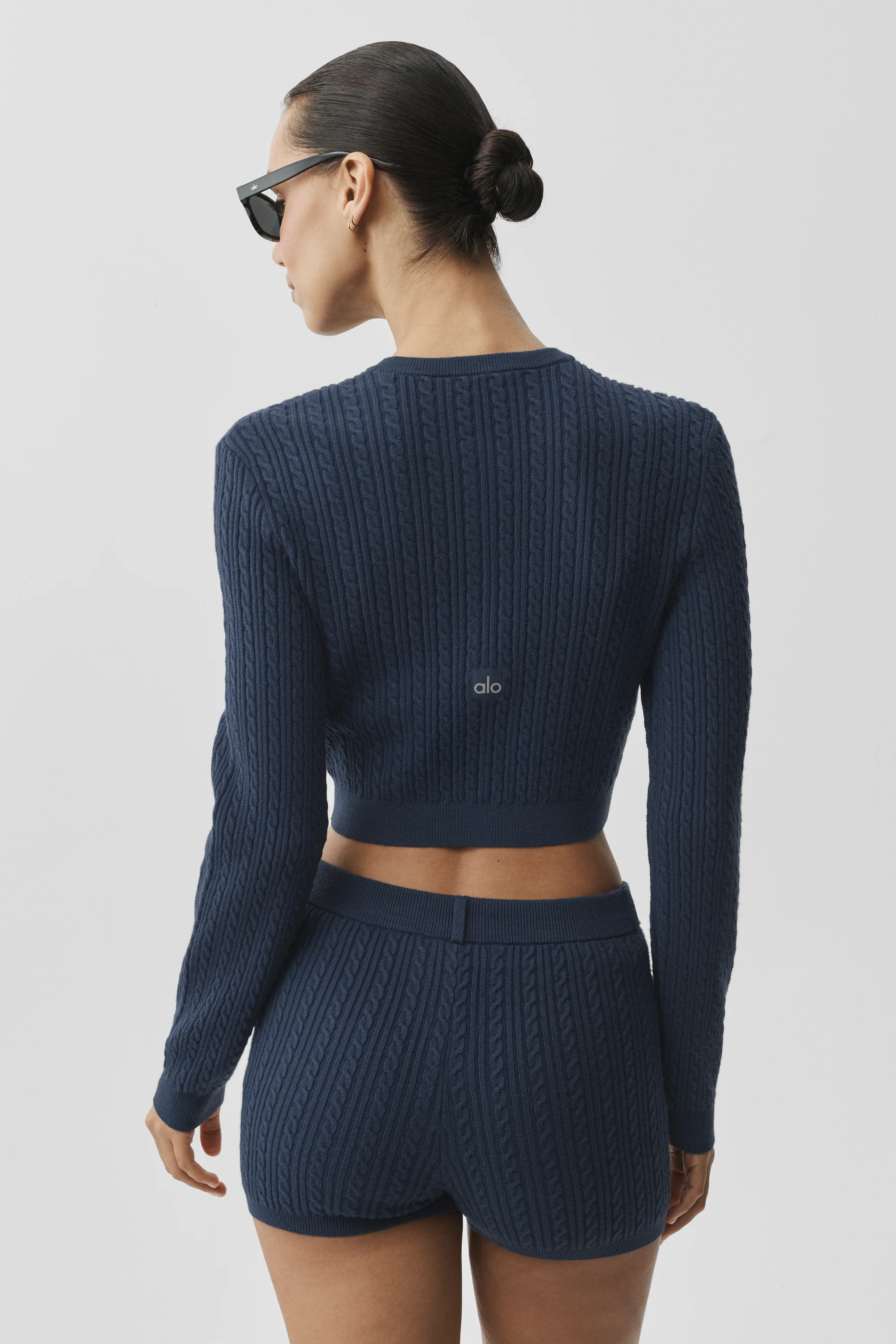 Mini Cable Sweater Cardigan in Navy with Chunky Cable Knit Texture