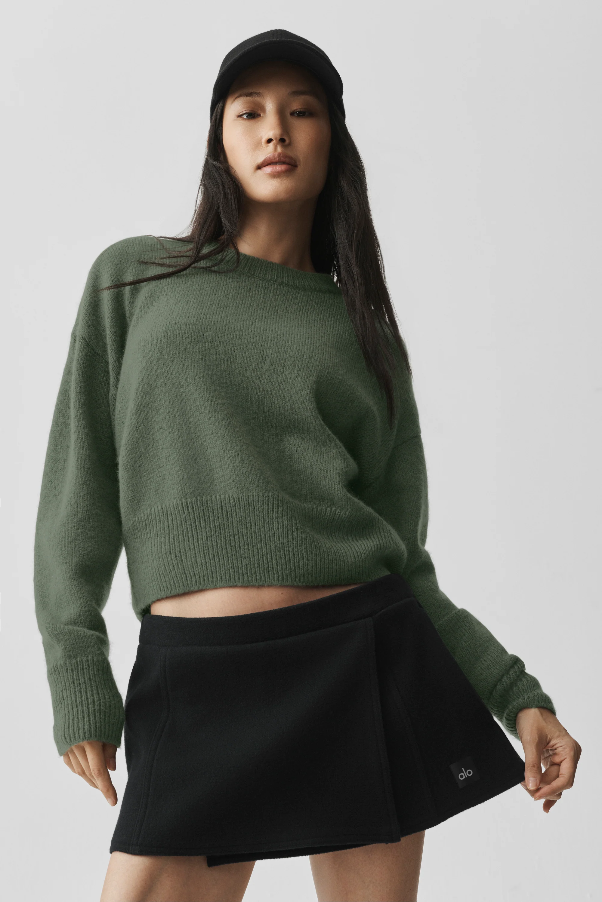 Wool Cashmere Cropped New Class Crewneck Sweater in Bamboo Green