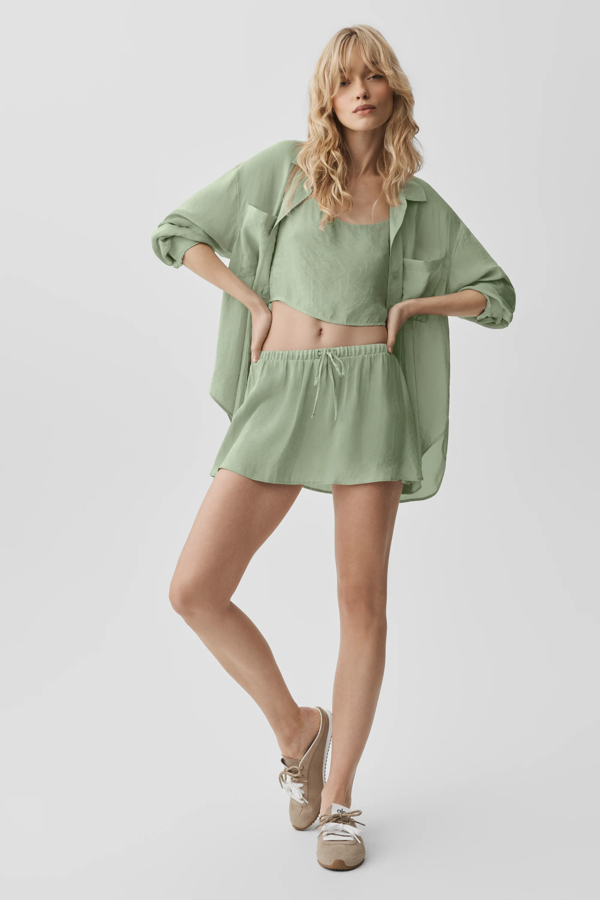 Semi-Sheer Golden Hour Button Down Long Sleeve in Dune Grass