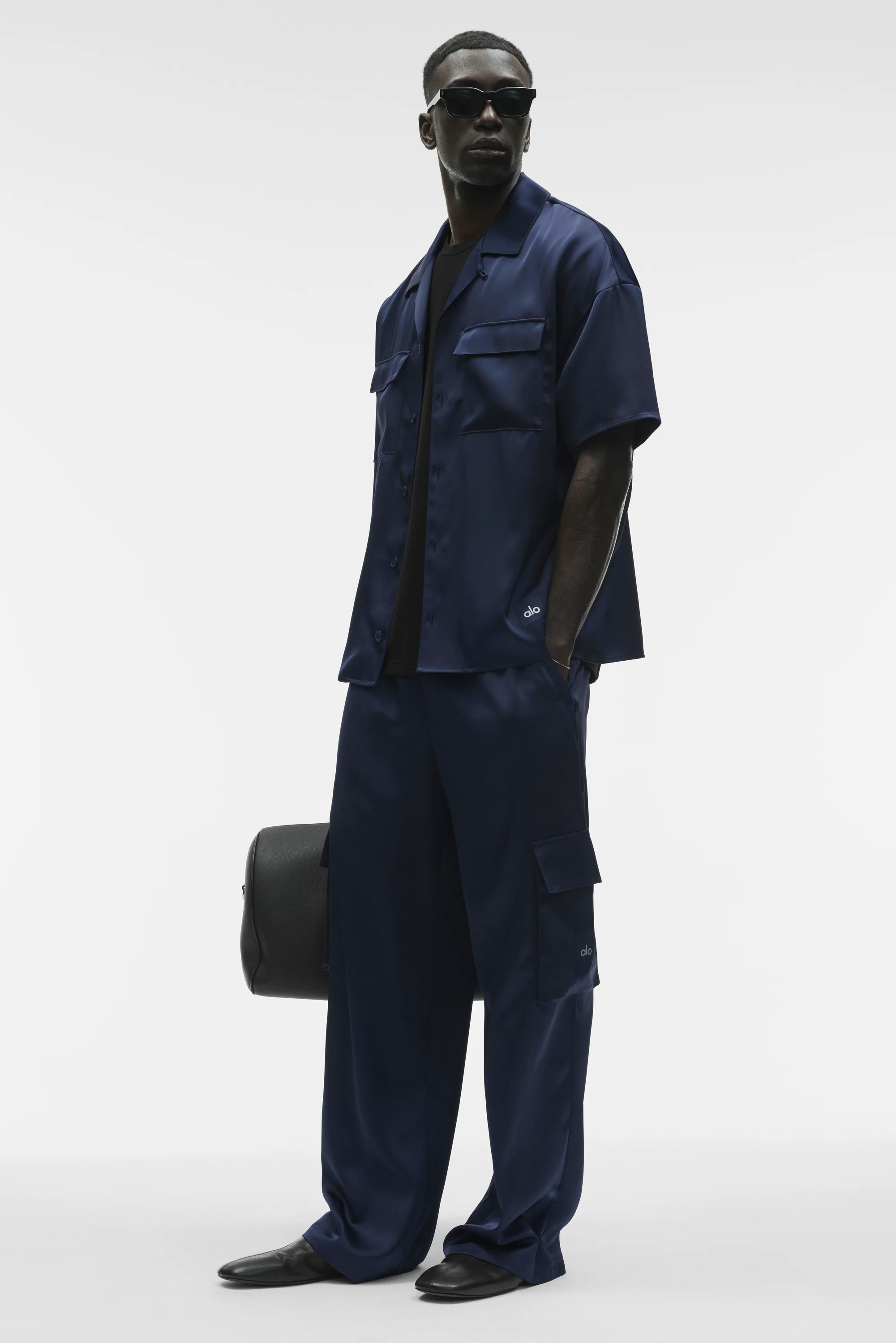 Satin Horizon Straight Leg Cargo Pant in Navy with Zip and Velcro Pockets