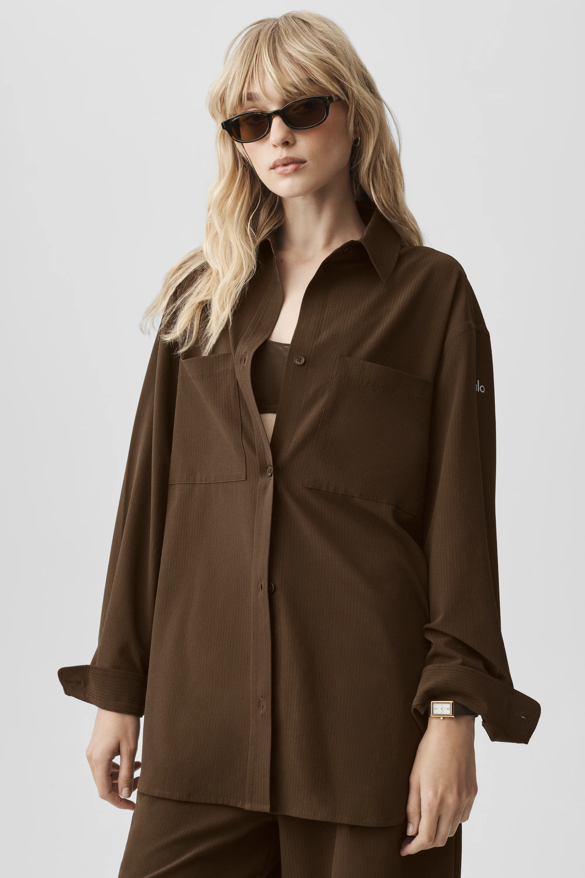 Dreamscape Button Down Long Sleeve Espresso Crinkle Woven Oversized Shirt