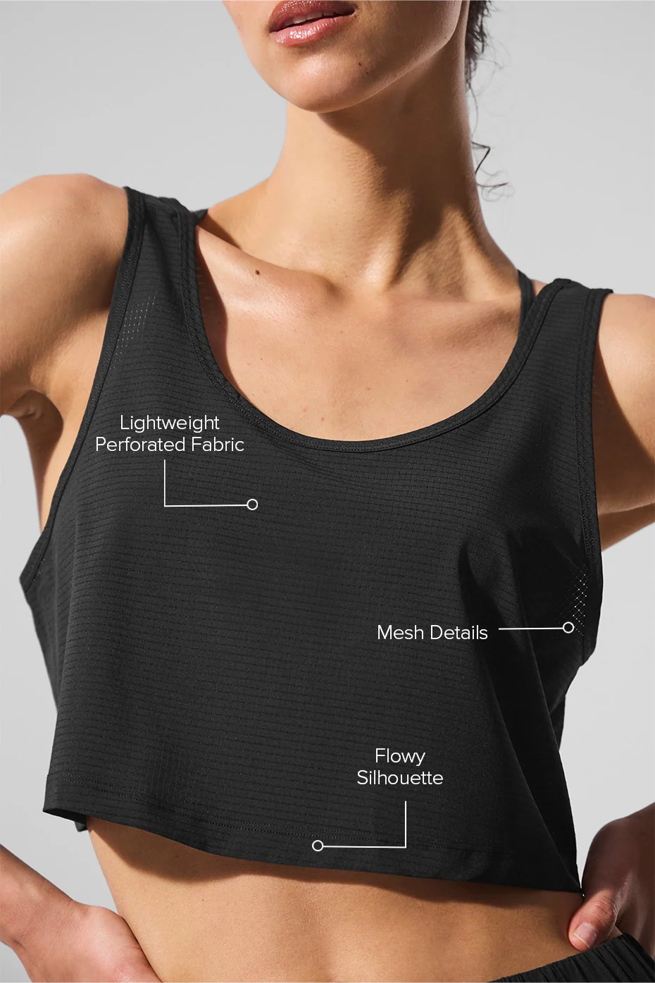 Cropped Sport Star Tank in Black Lightweight Perforated Fabric