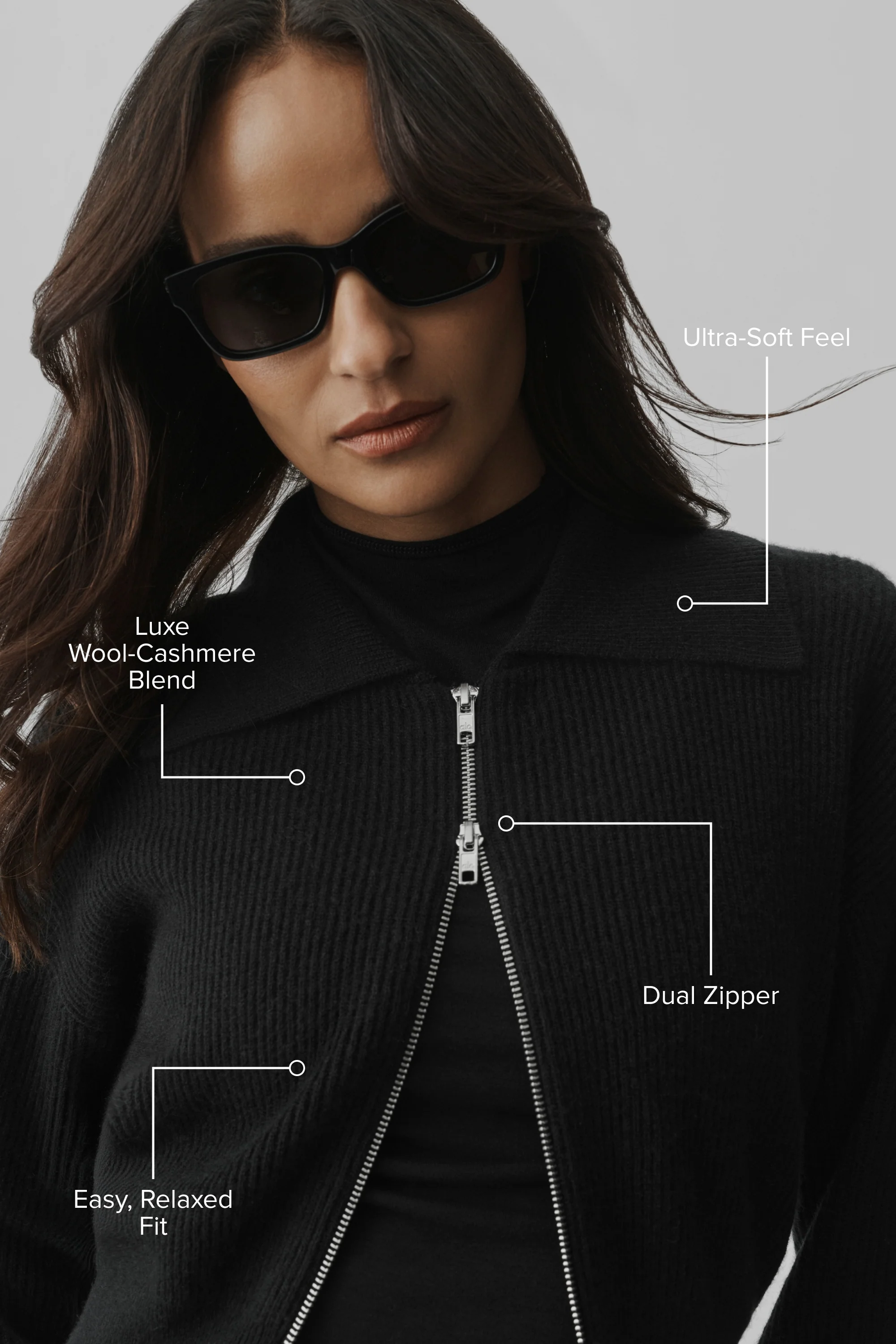 Cashmere Wool Harmony Full Zip Jacket in Black for Fall Layering