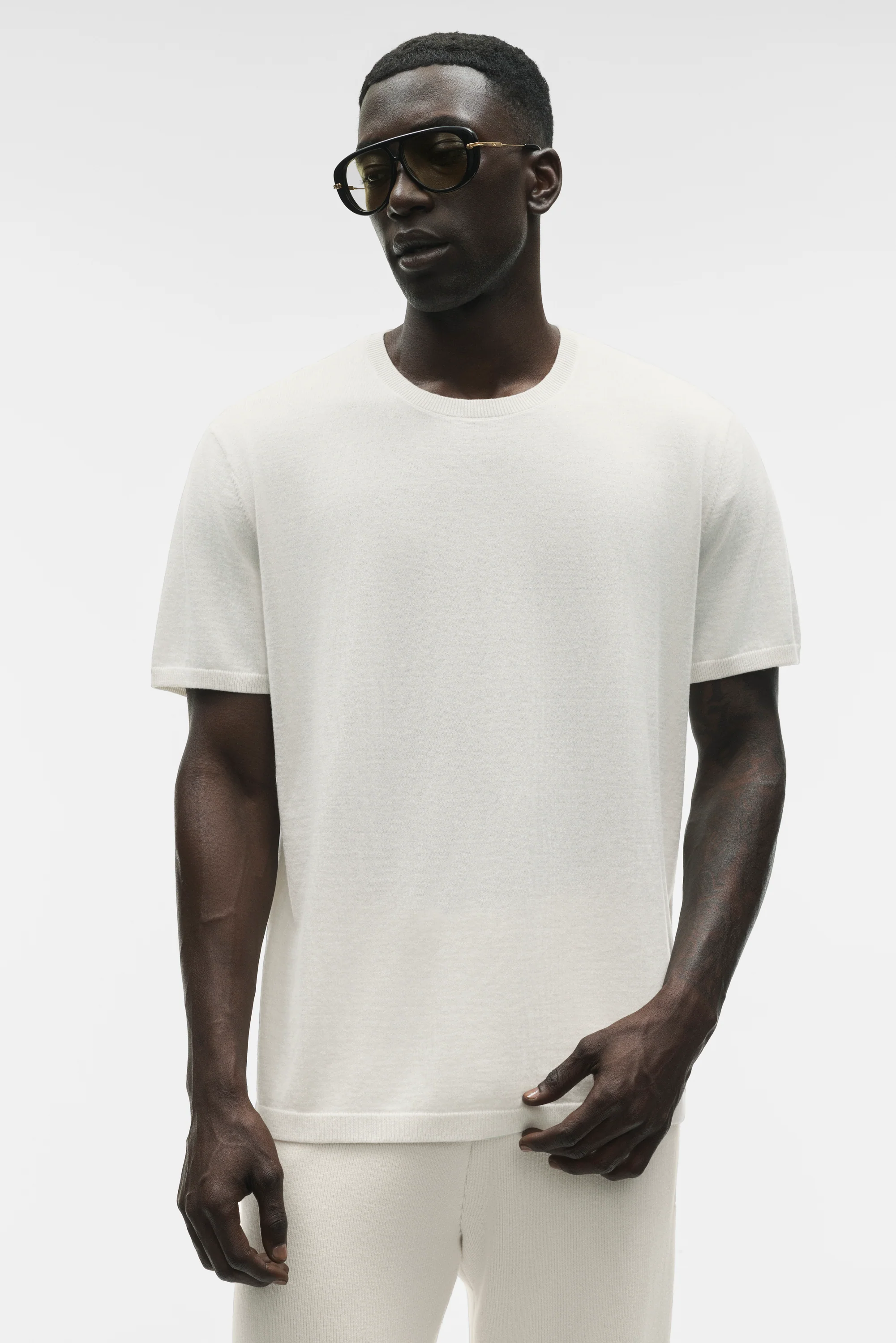 Pull col rond manches courtes en mélange cachemire Ever Soft ivoire