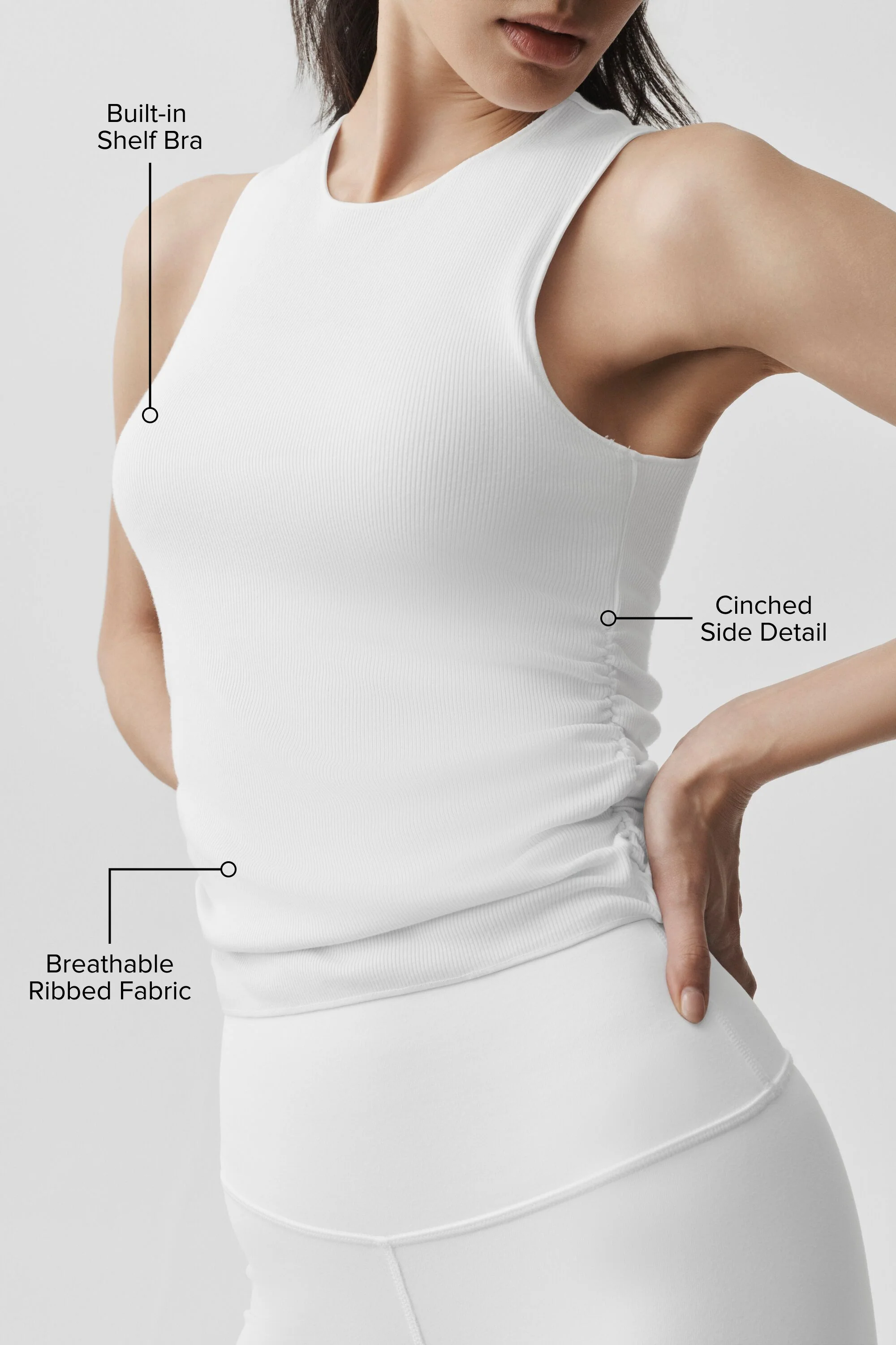 Ribbed En Pointe Tank in White with Built-In Shelf Bra