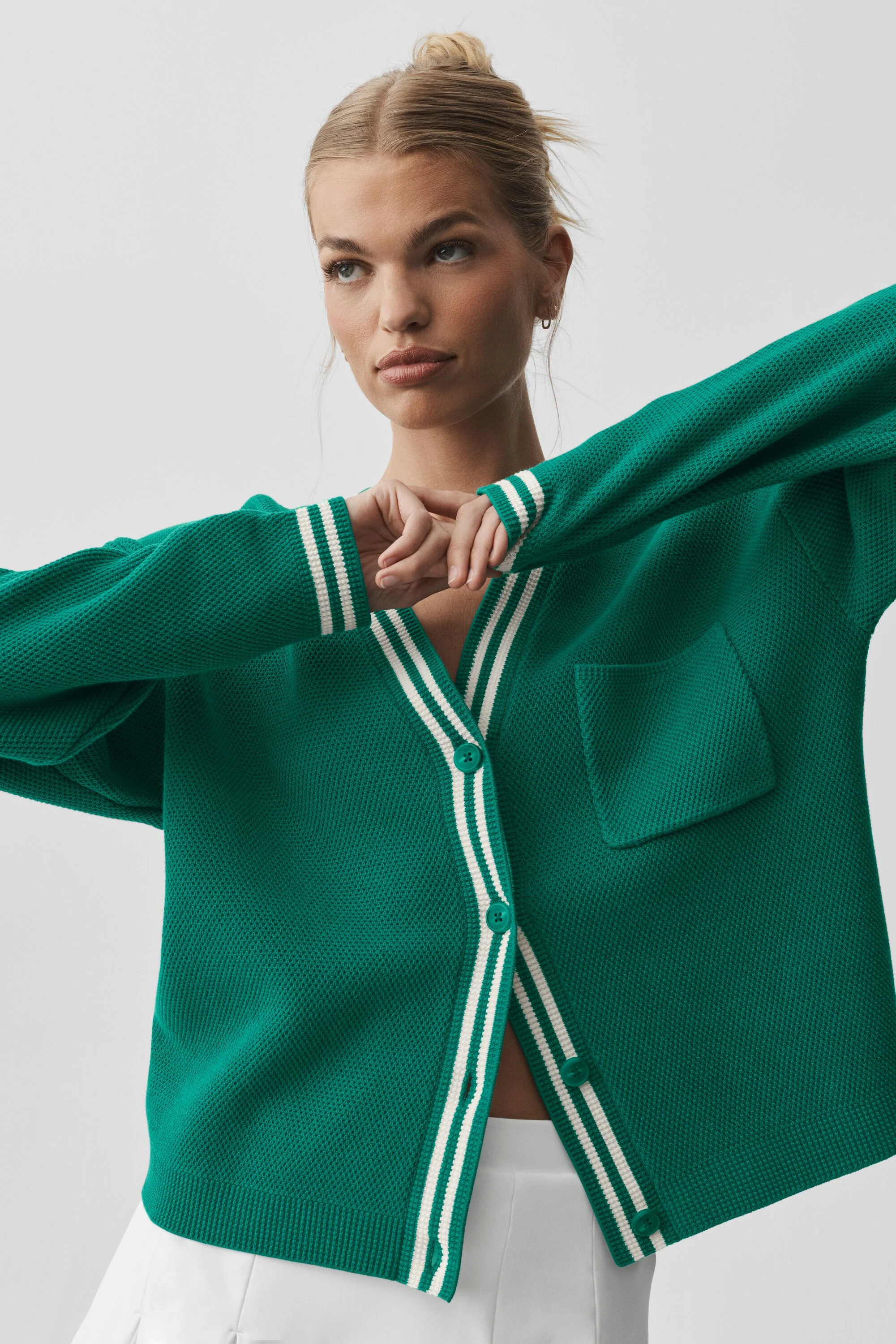 Tennis Club Sweater Knit Cardigan in Emerald Isle and Ivory