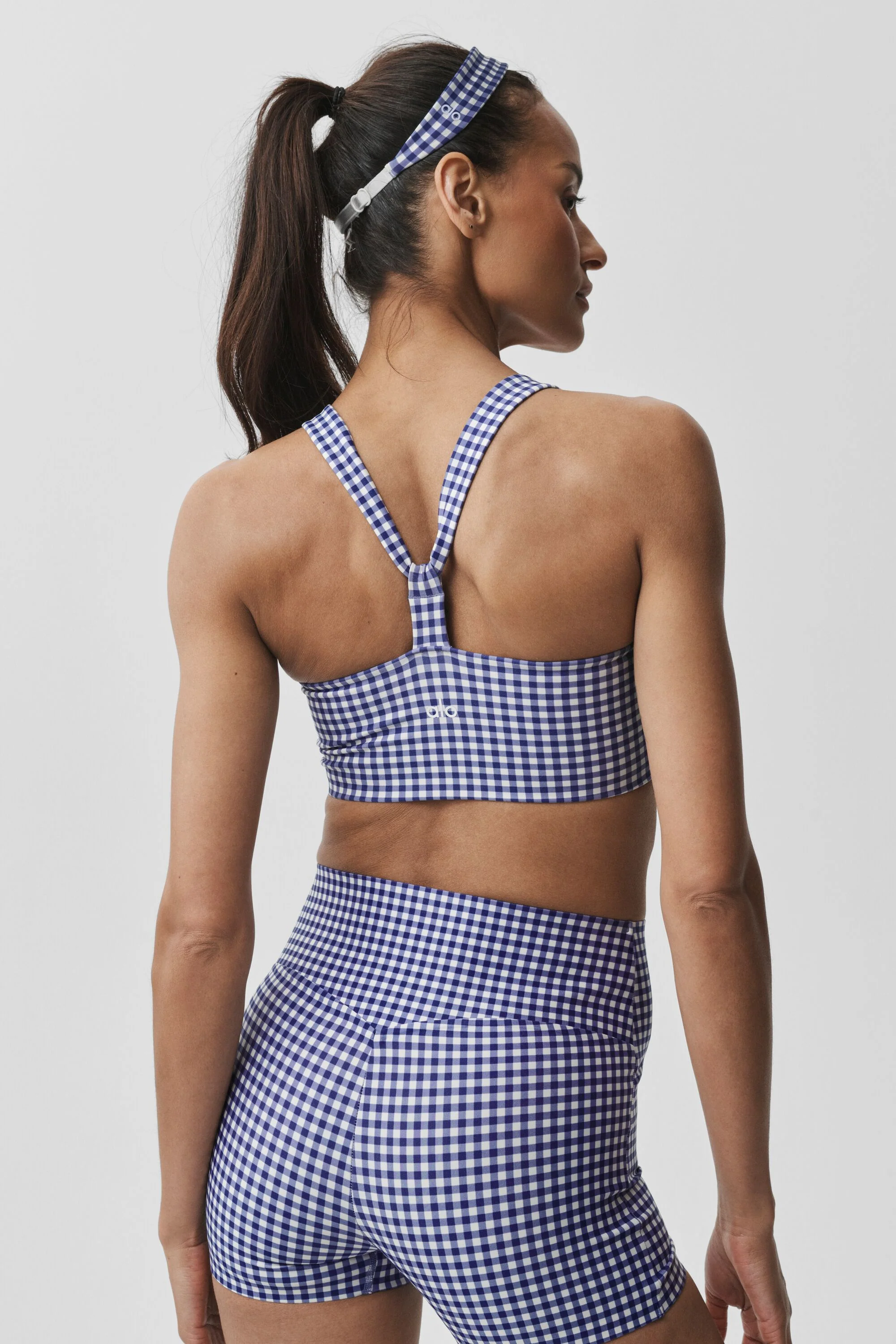 Airlift Gingham Sleek Bra Tank in Navy Gingham Print