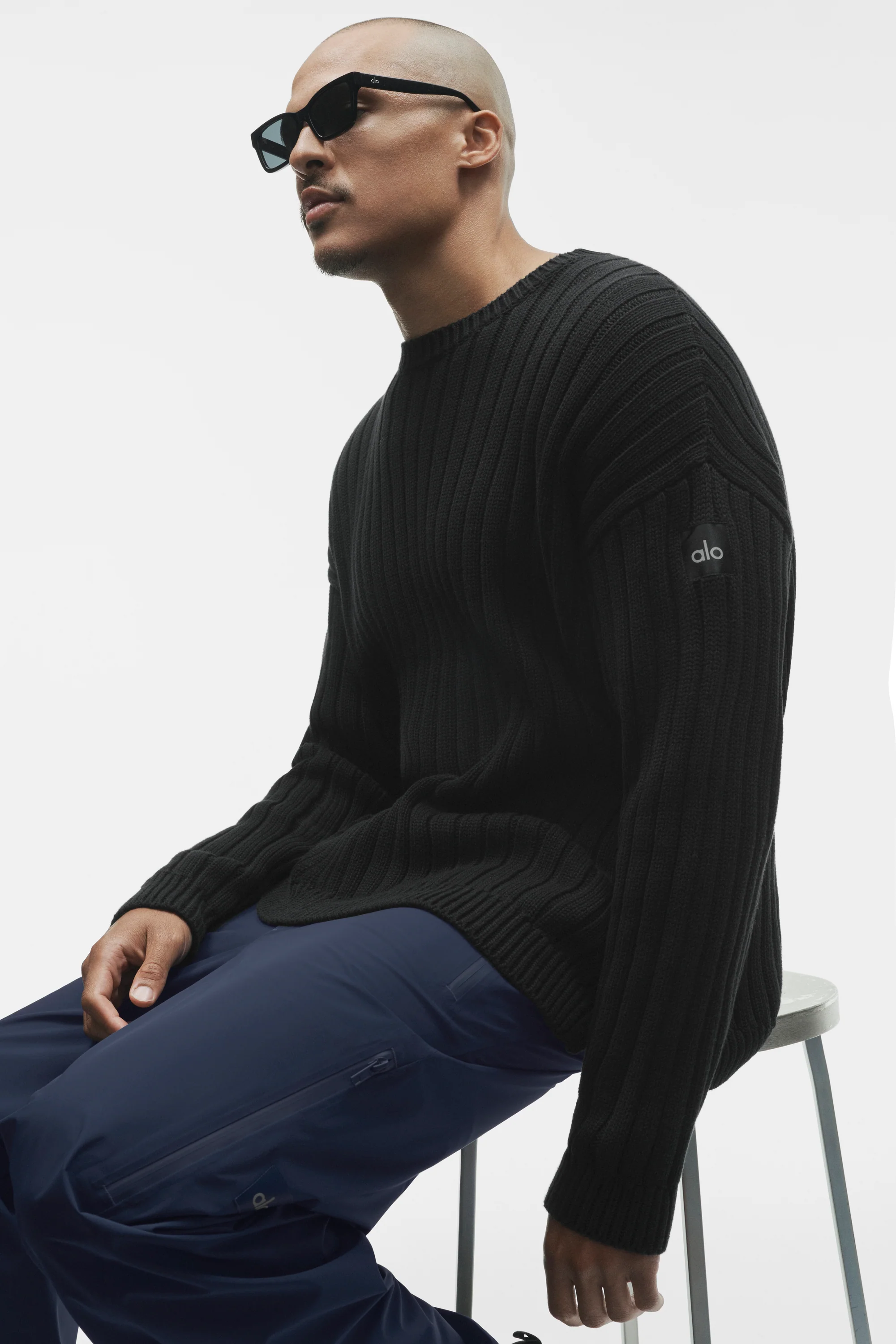 Cotton Rib Parallel Sweater in Black, Soft Ribbed Knit