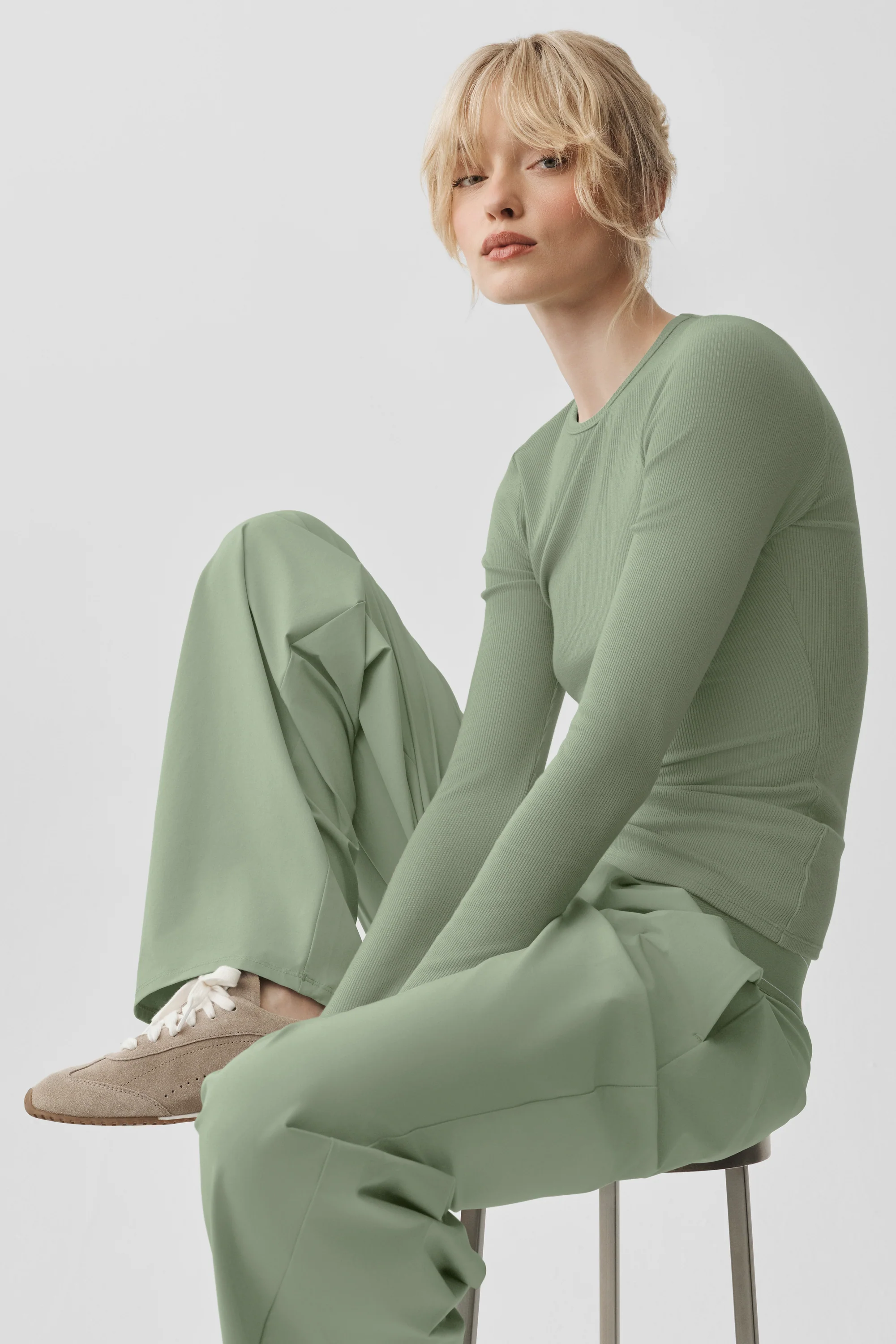 Ribbed Modal Long Sleeve Top in Dune Grass