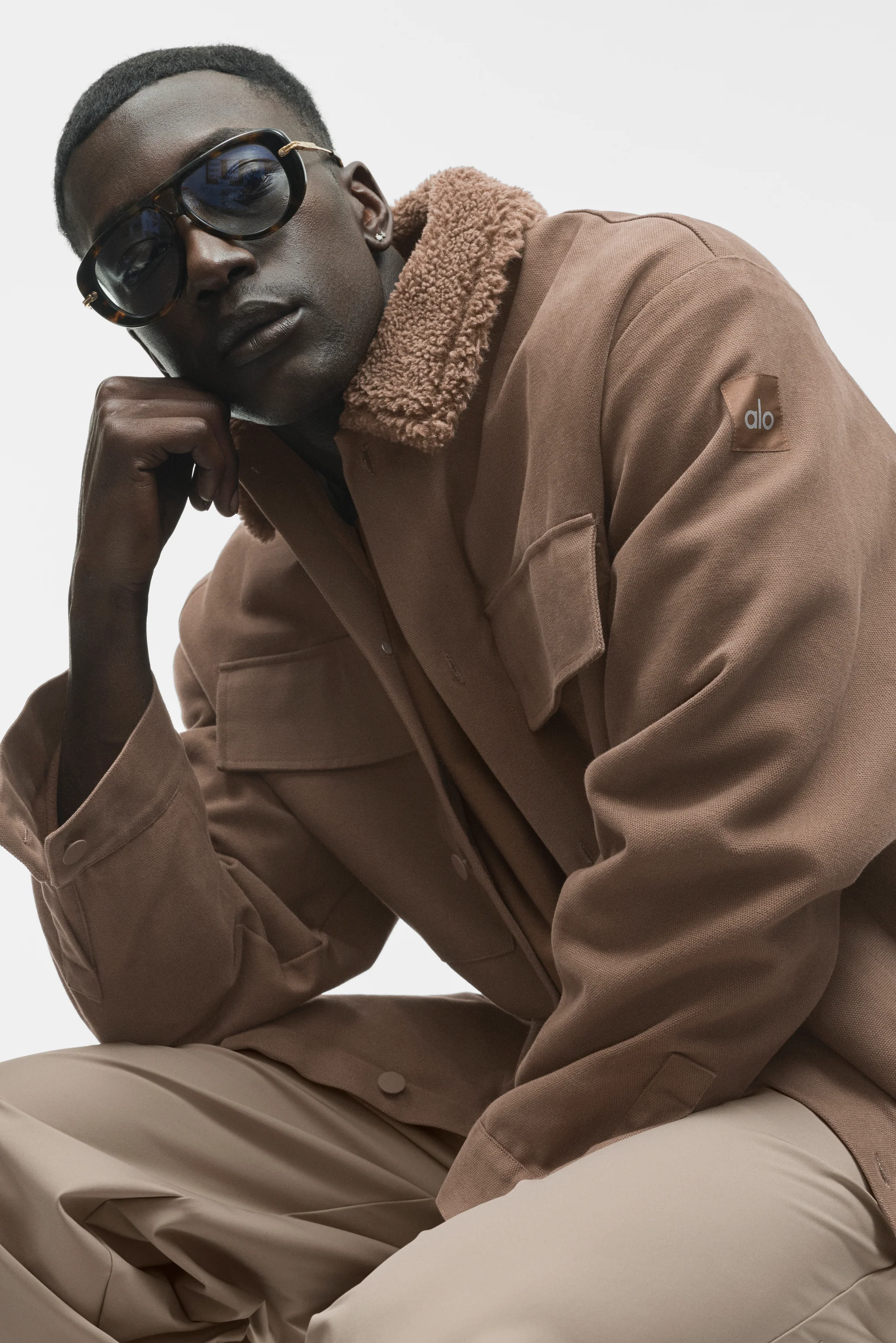 Canvas Utility Shacket in Java Brown with Sherpa Collar and Fleece Lining