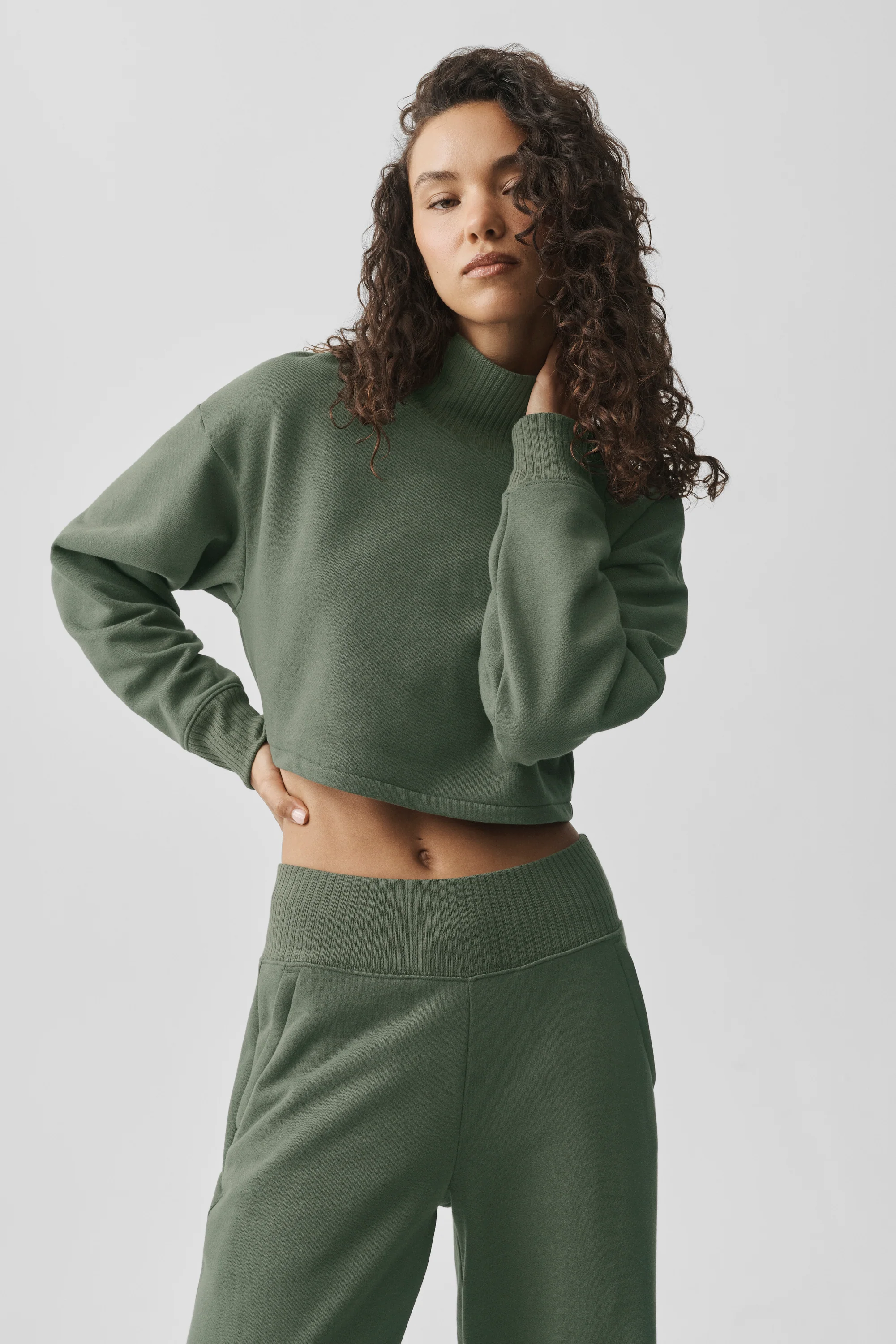 Cropped Serenity Coverup Bamboo Green Ribbed Mock Neck