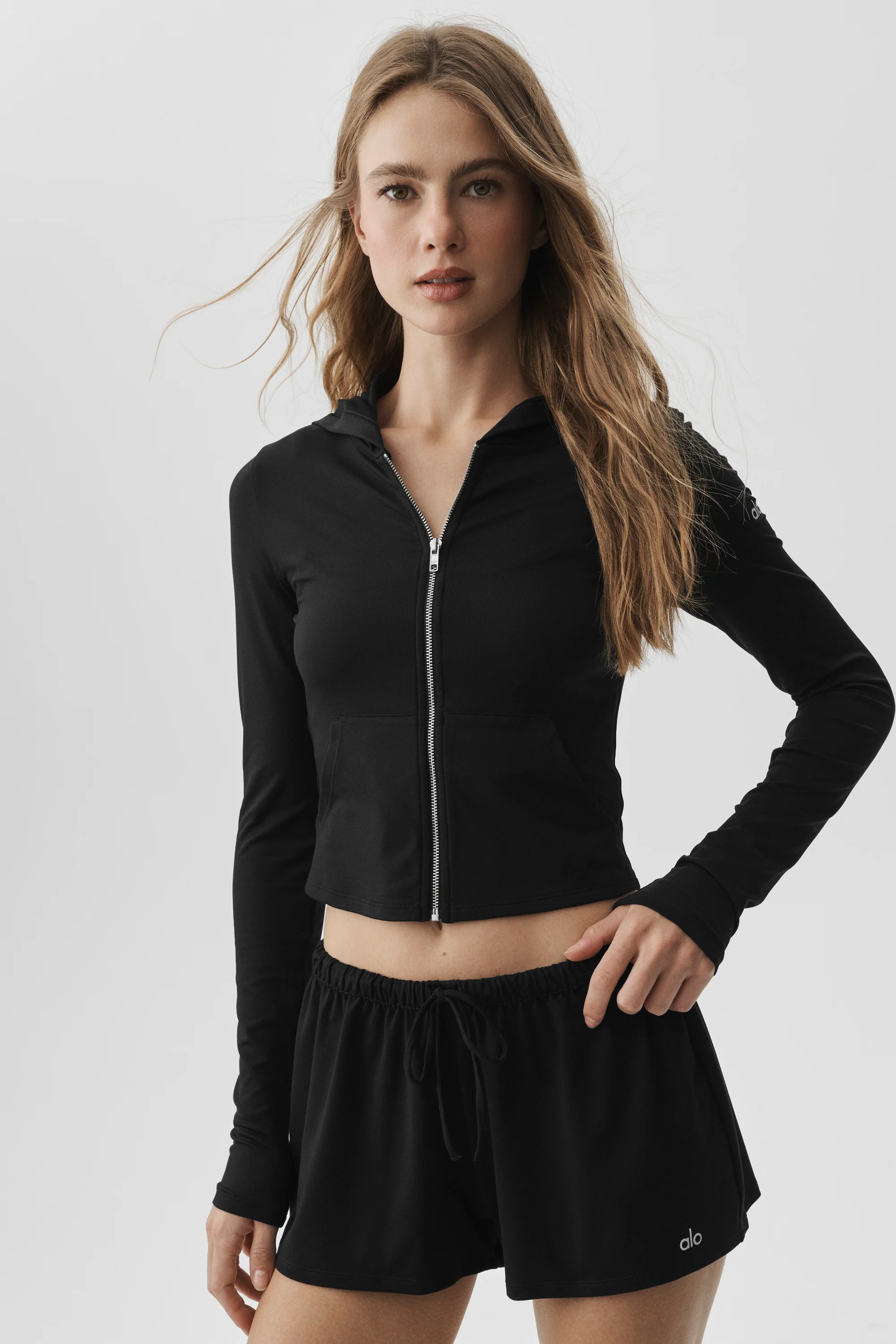 Alosoft Finesse Full Zip Fitted Hoodie in Black