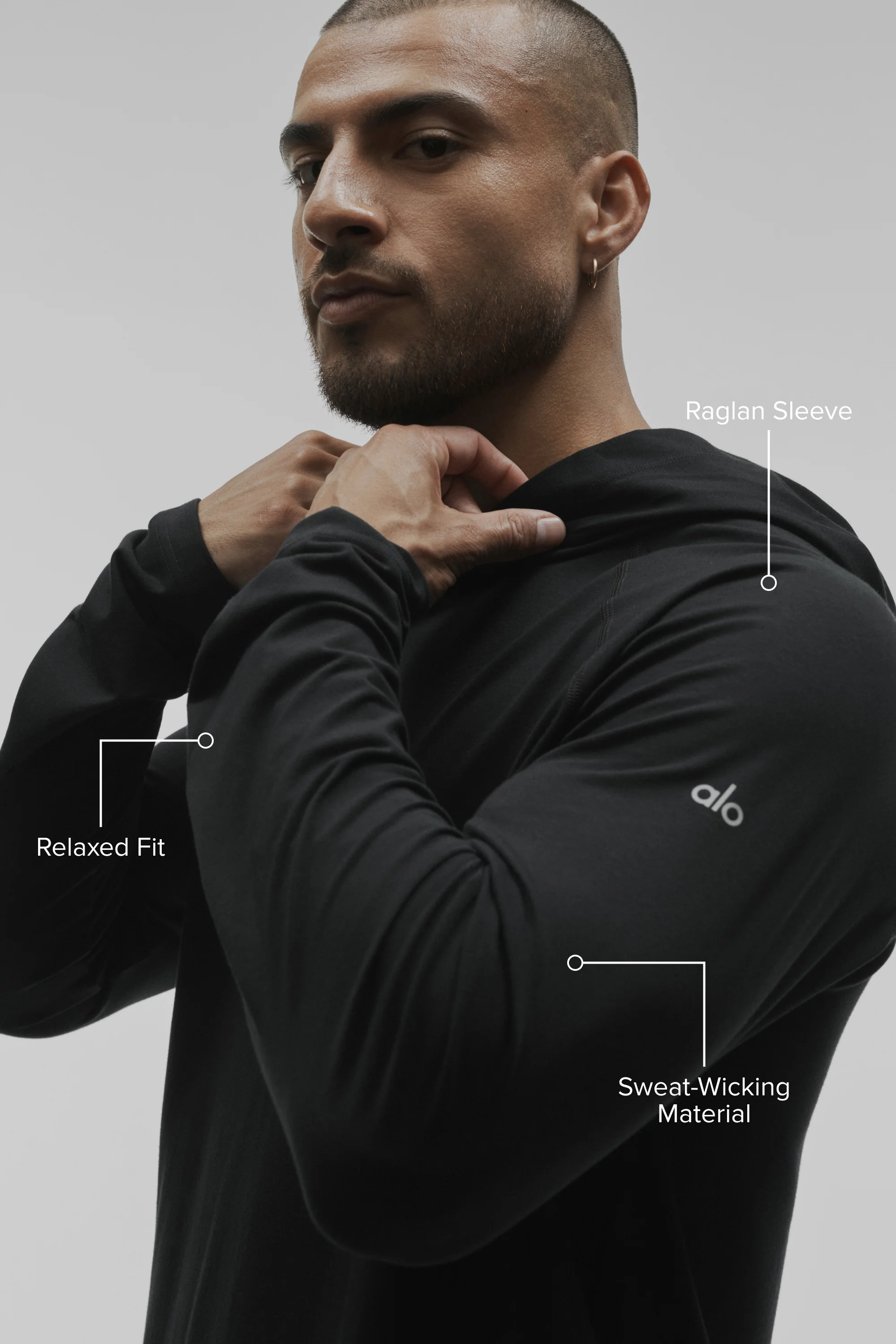 ALO Vapor Long Sleeve Hoodie - Black Sweat-Wicking Cotton Blend