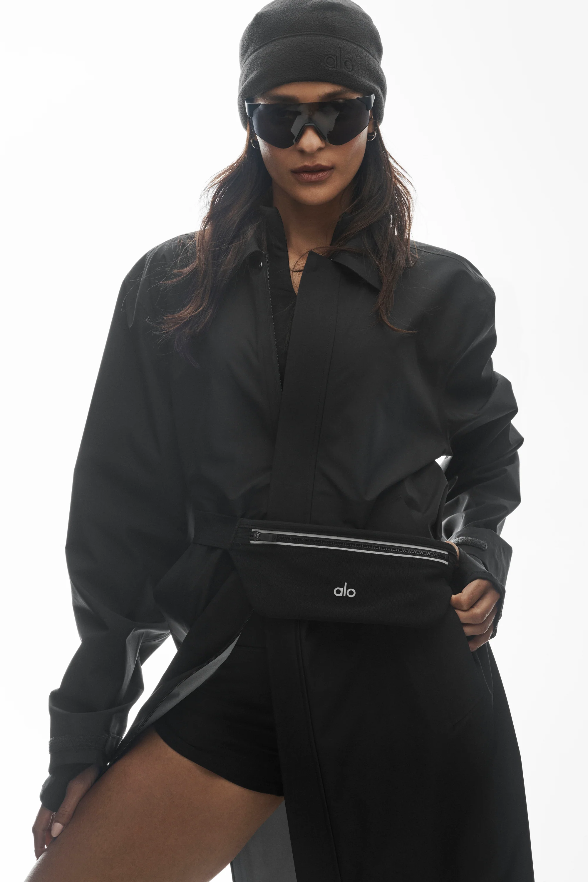 Alpha Shell Long Coat in Black with Bonded Seams and Side Vents